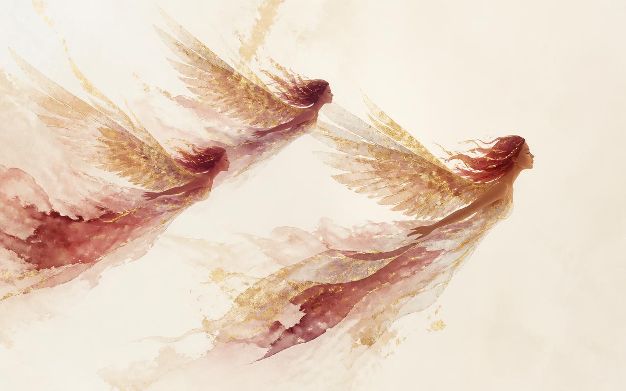Ilustração de três mulheres pássaro voando juntas em aquarela e dourado